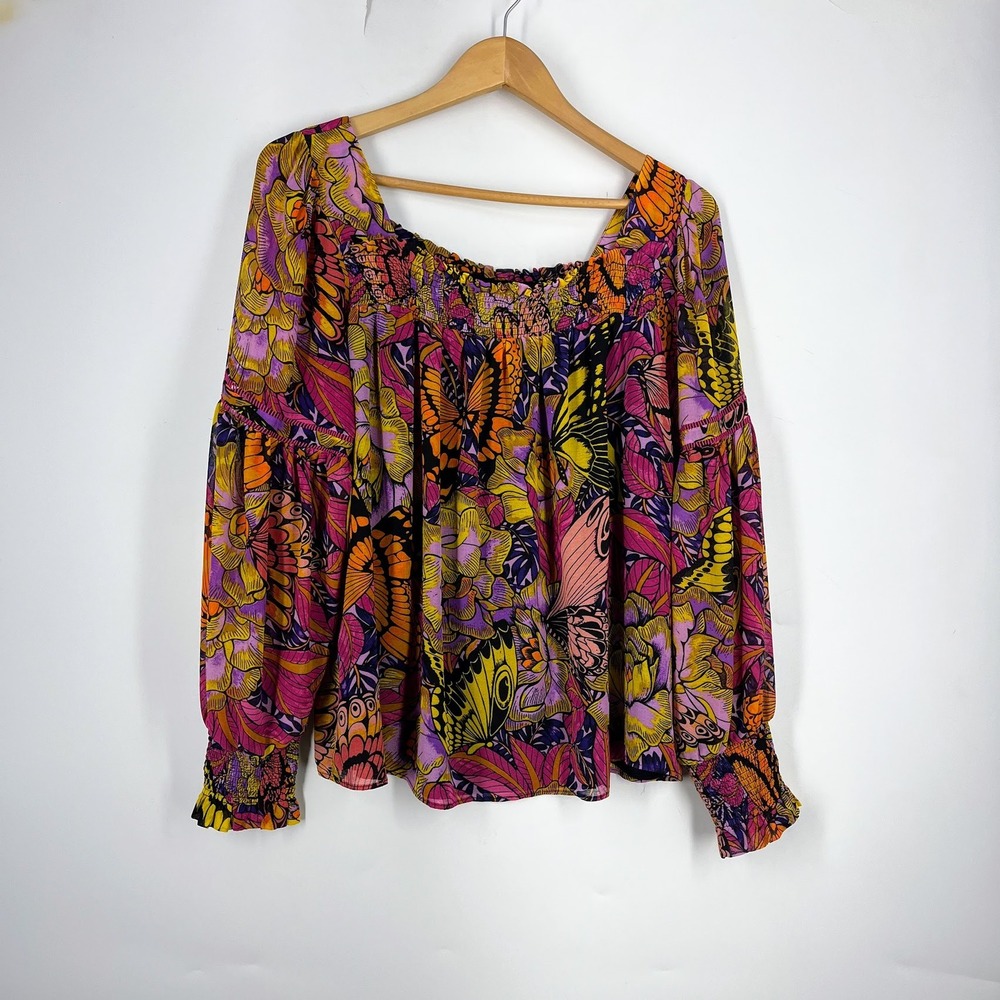 Anthropologie Alexandra Farmer Floral Butterfly Puff Sleeve Blouse Size M